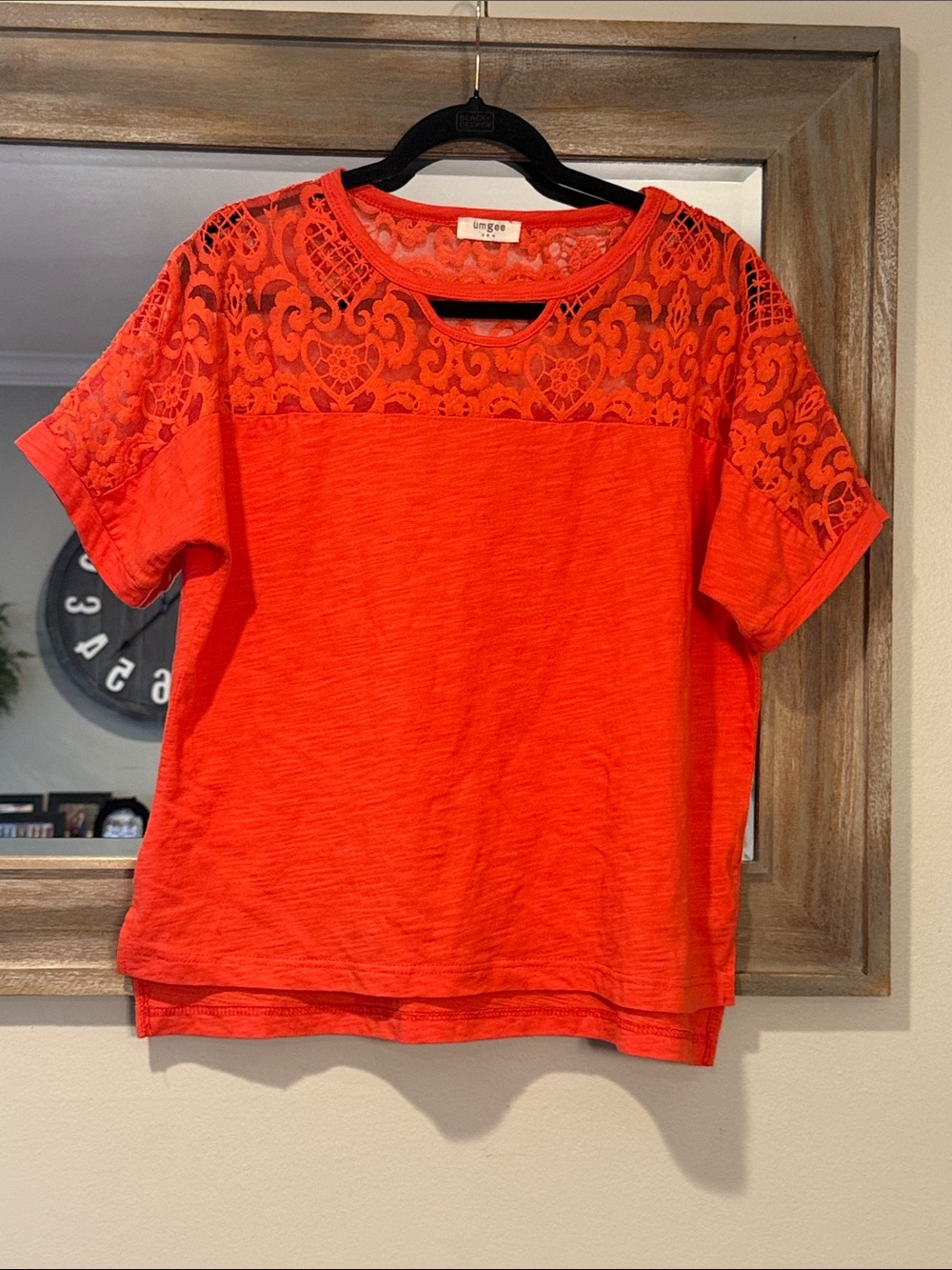 Umgee Orange Lace Yoke Short Sleeve Top